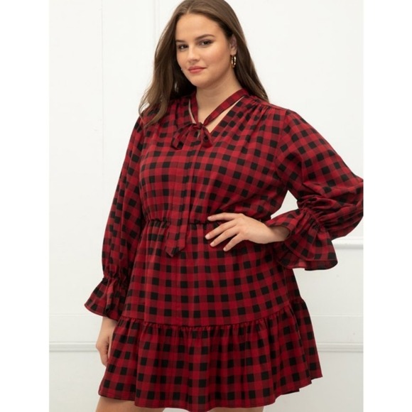 ELOQUII Elements Tie Neck Flounce Buffalo Plaid Midi Dress Size 14 - Picture 11 of 11